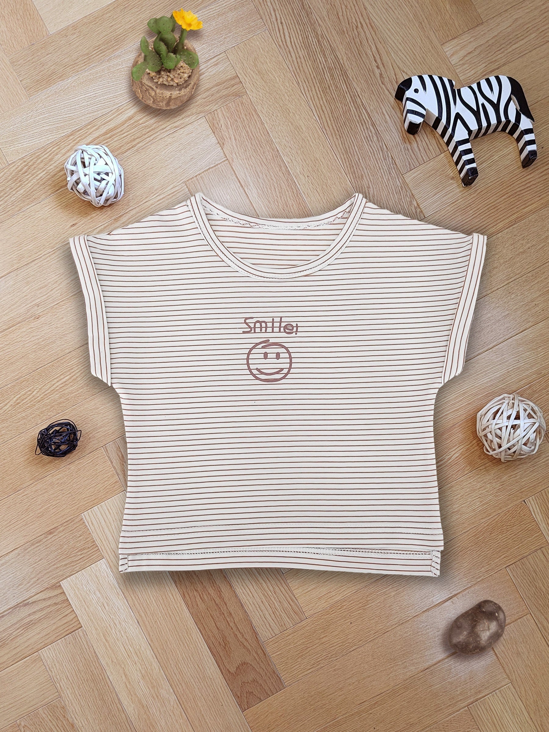 Striped Smile Print Short Sleeve Baby Cotton T Shirt