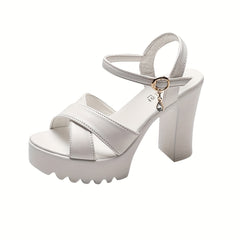 Solid Block Heel Ankle Strap Platform Pumps