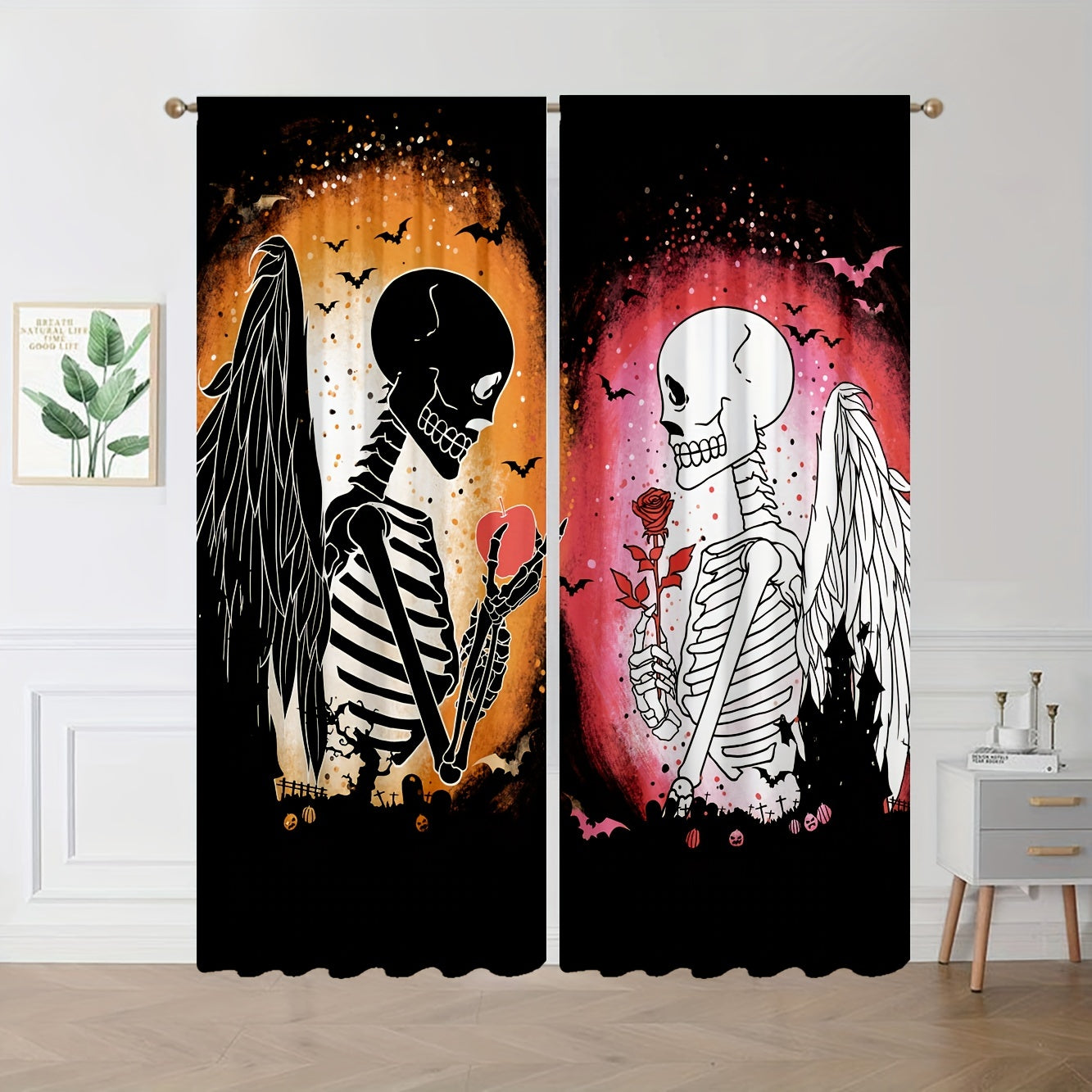 2 Panel Skull Printed Curtains Rod Pocket Top Window Drapes
