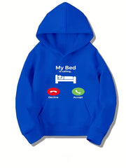 Funny My Bed Is Calling Print Boys Pullover Hooded Sweatshirt