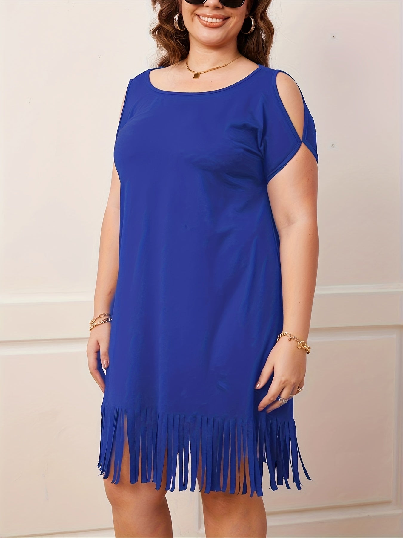 Casual Dress Women's Fringe Trim Cut Out Sleeve Round Neck