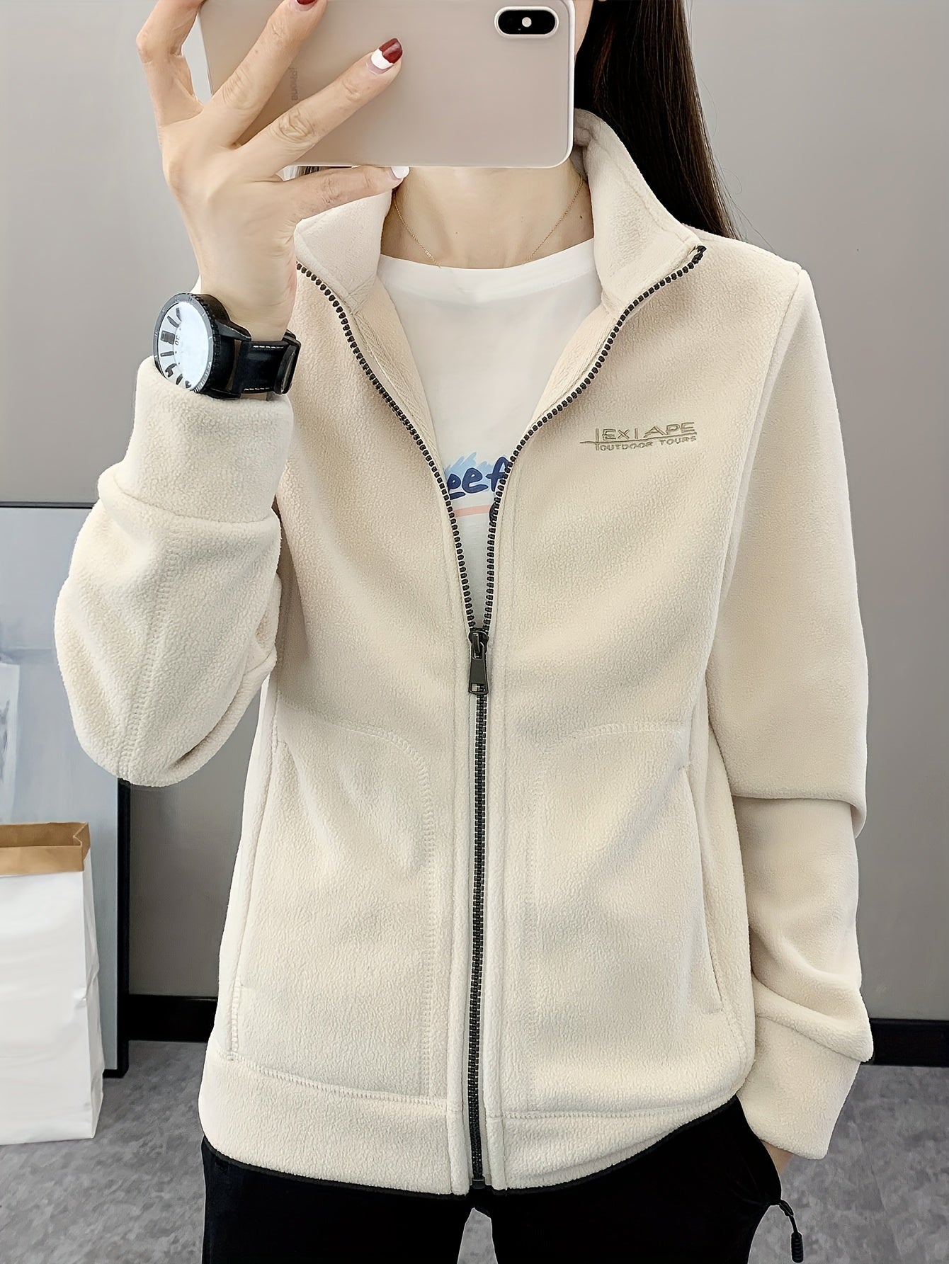 Letter Pattern Outdoor Jacket Long Sleeves Mock Neck Fleece Liner Coat