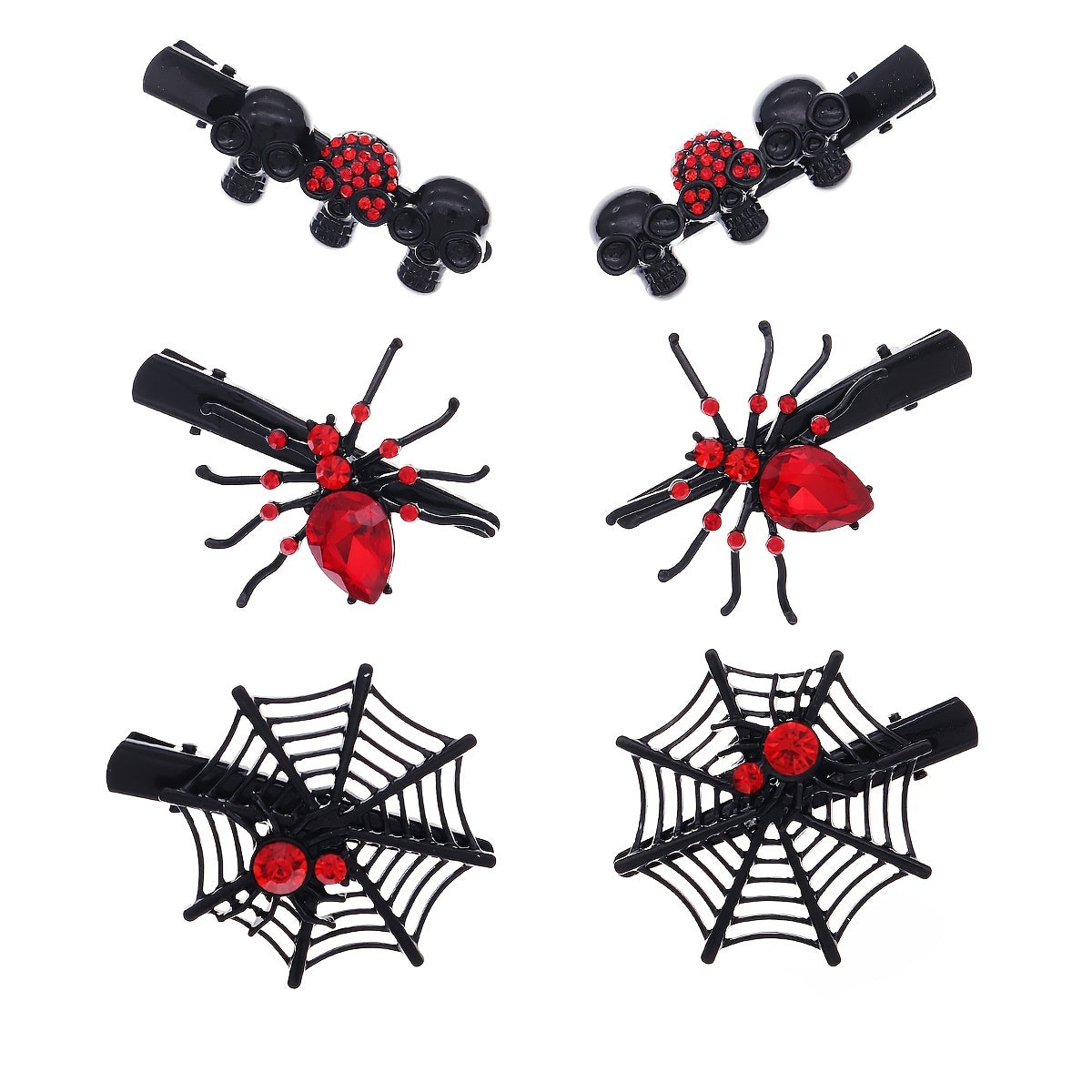 Gothic Skull Hair Clip Red Crystal Spider Web Hairpins 6pcs