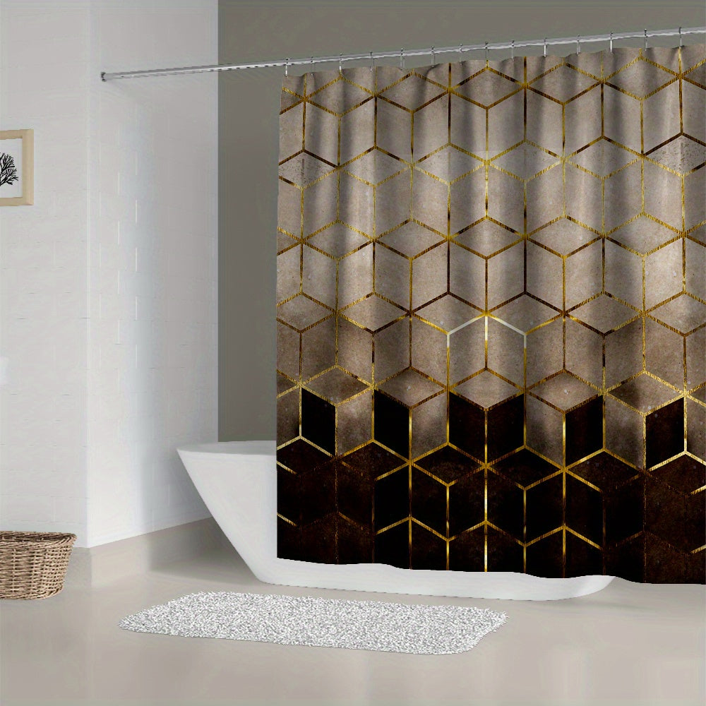 Brown Gradient Shower Curtain Honeycomb Plaid Print With Hooks