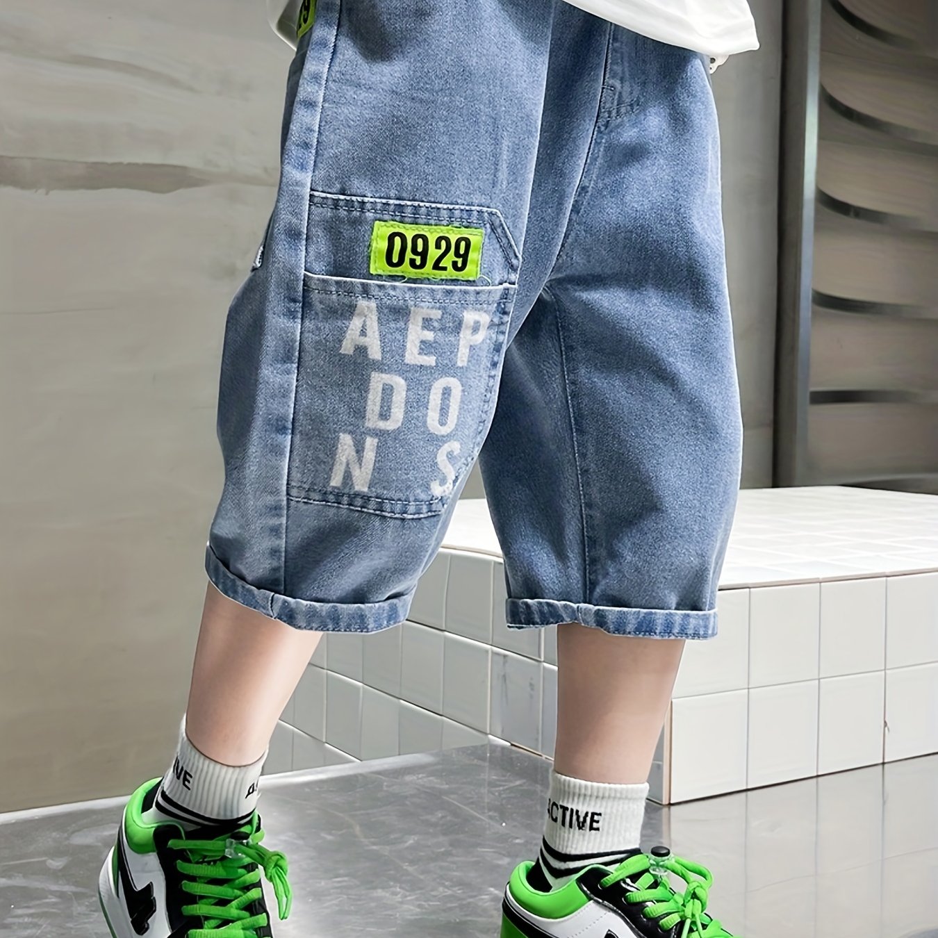 Boys Denim Jeans Cropped Pants with Pockets
