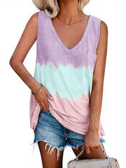 Tie Dye V Neck Cami Top Sleeveless Loose Pocket Fit Tunic Tank Top