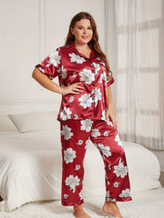Floral Print Satin Pajamas Set Button Up Lounge Two Piece Set