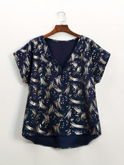 Casual Blouse Women's Plus Allover Print V Neck Asymmetrical Blouse