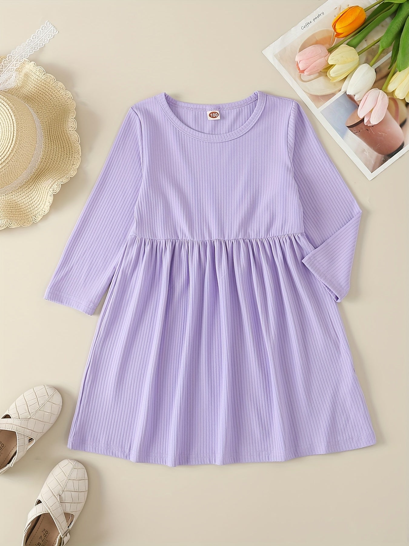 2pcs Girls Soft Rib Knit Long Sleeve Princess Dress