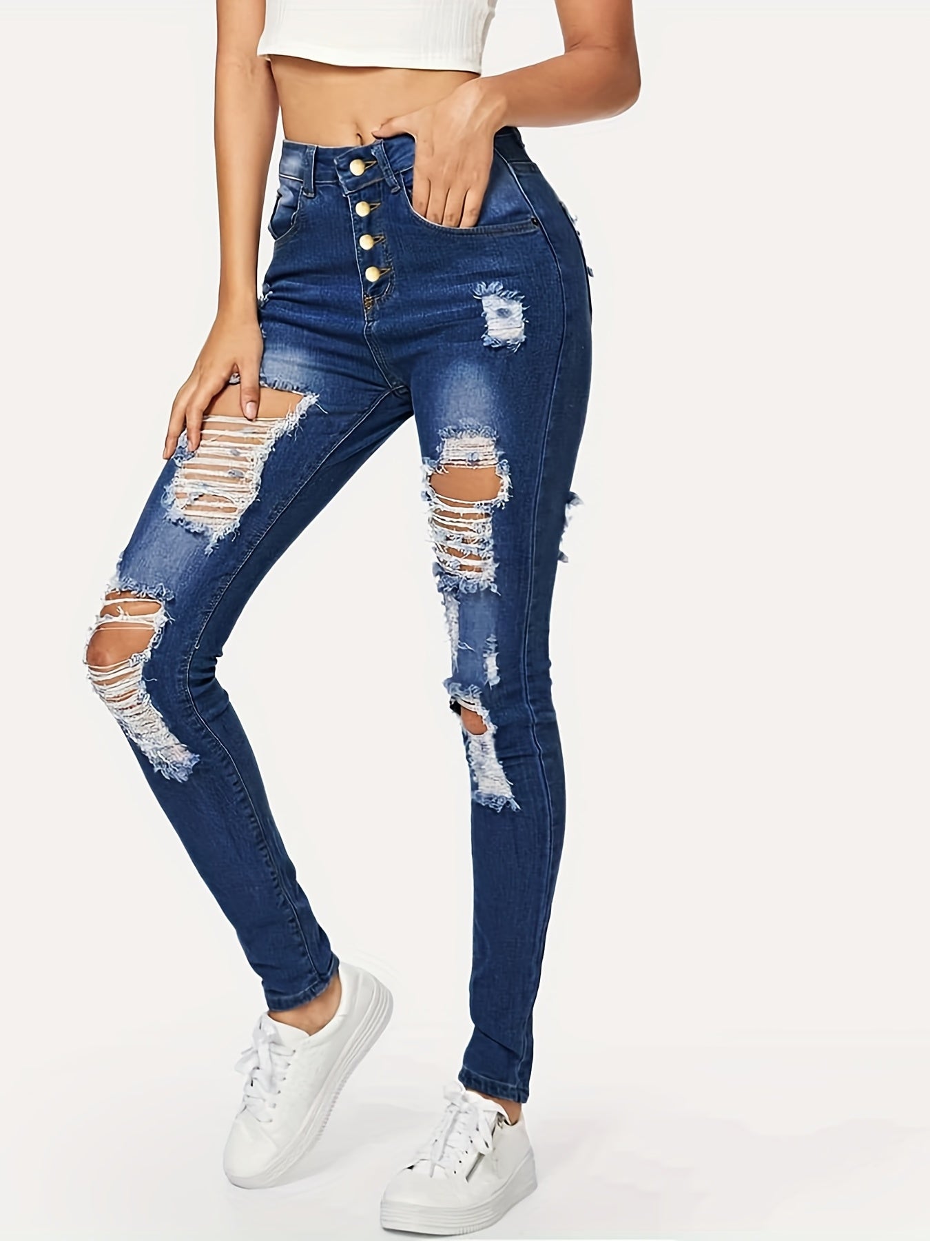 Distressed Skinny Jeans Button Fly Stretchy Denim Pants