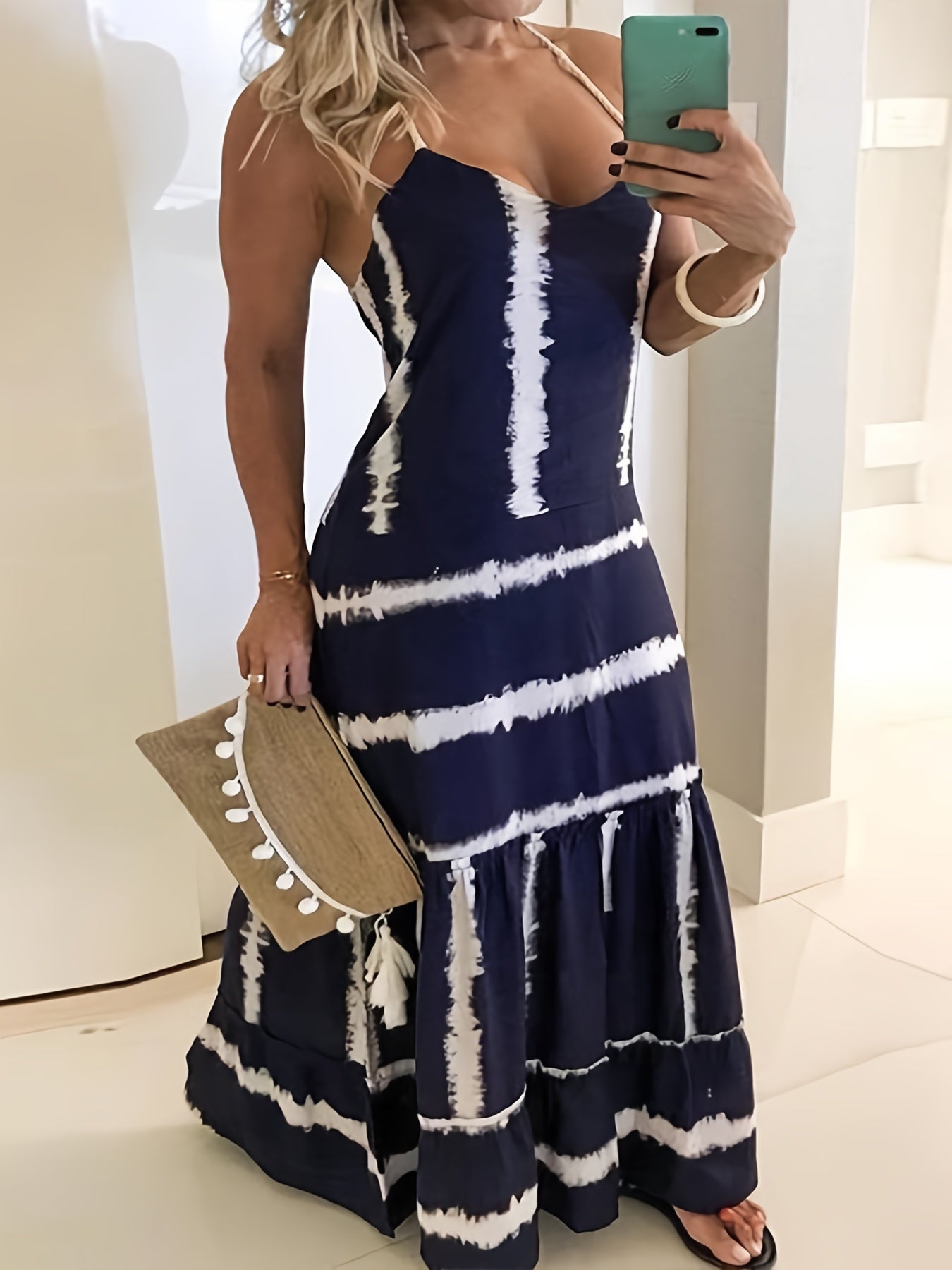 Plus Size Tie Dye V Neck Maxi Dress Women's Plus Stretch Sexy Long Dress