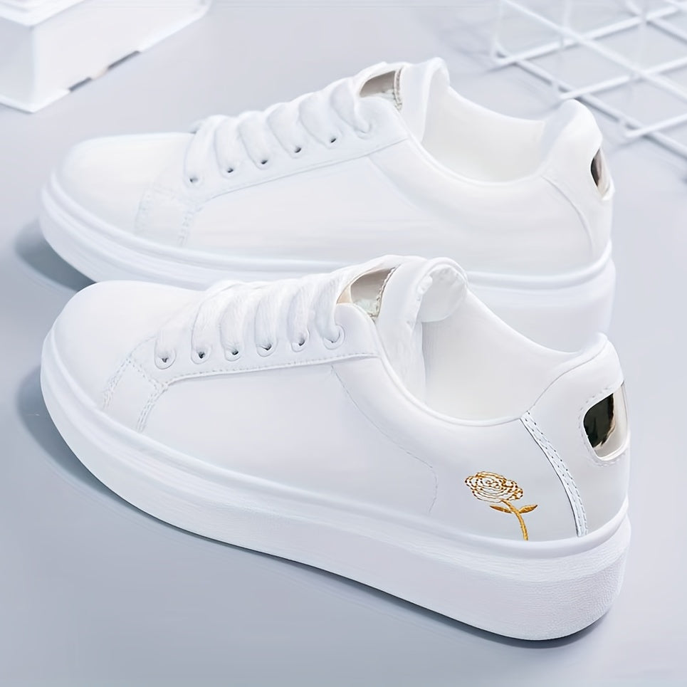 Floral Embroidered Skate Shoes Low Top Lace Up Breathable Platform Casual Shoes