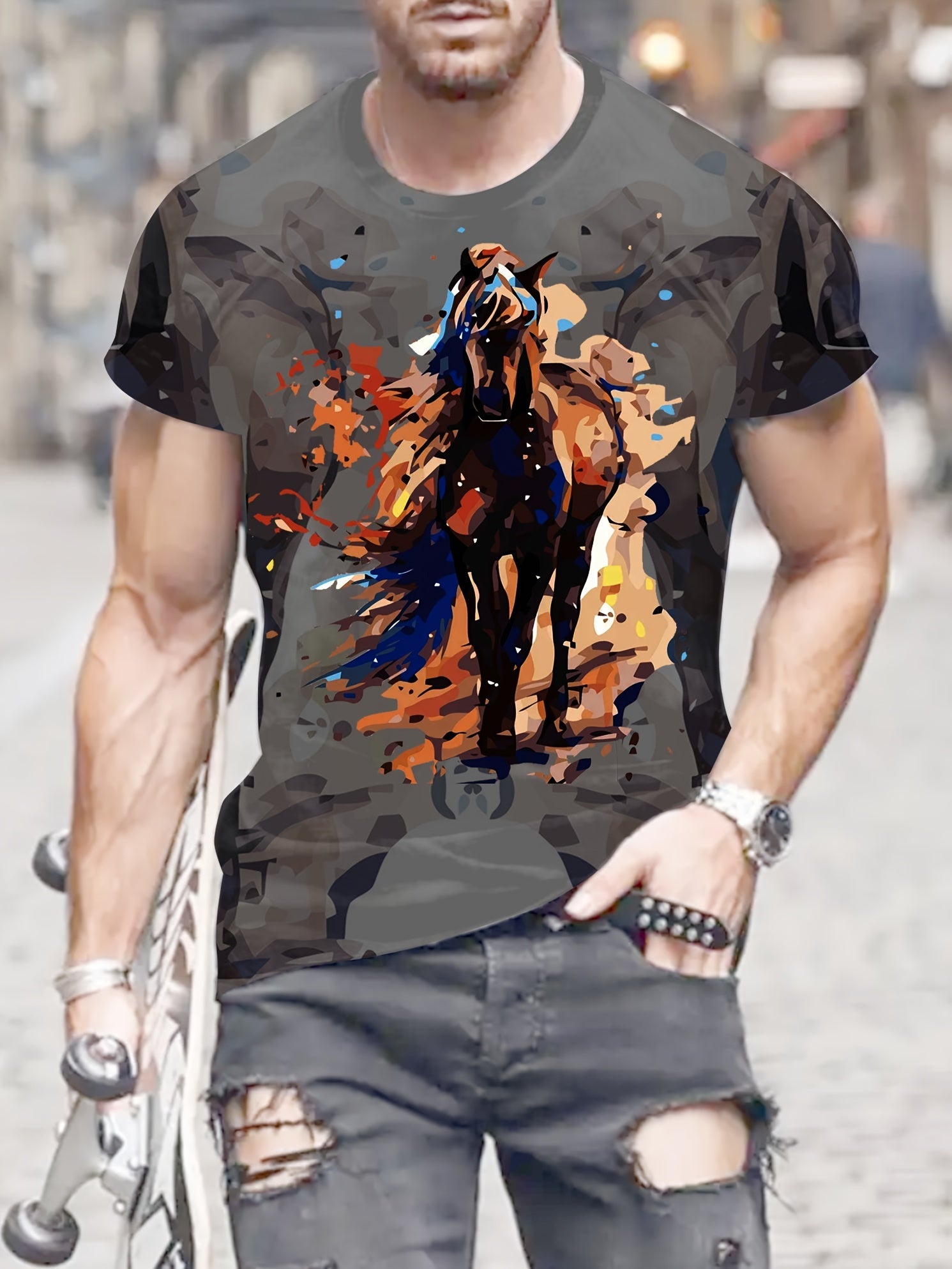 Horse Print Graphic Tee for Men Casual Summer T-shirt
