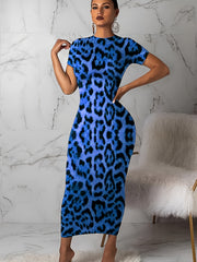Leopard Print Short Sleeve Round Neck Skinny Dress