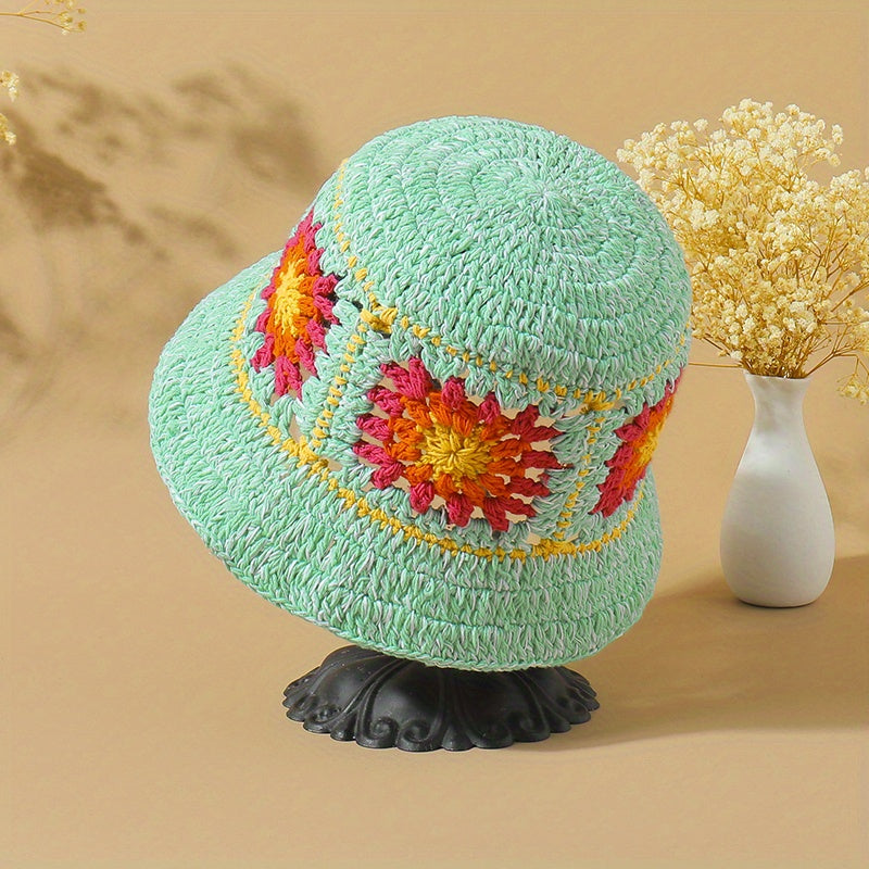 Boho Floral Crochet Bucket Hats Vintage Beanie For Women