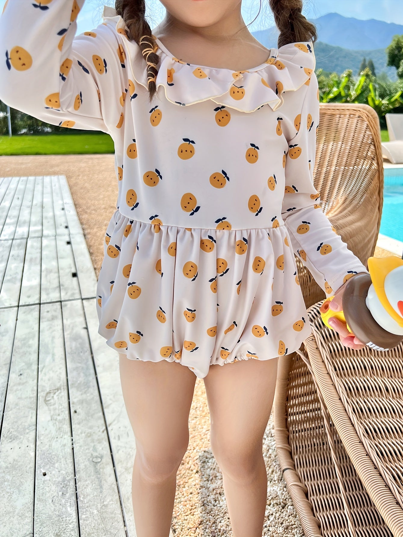 Girls Cartoon Fruit Ruffle Trim Long Sleeve 1pc Swimwear