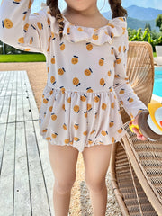 Girls Cartoon Fruit Ruffle Trim Long Sleeve 1pc Swimwear