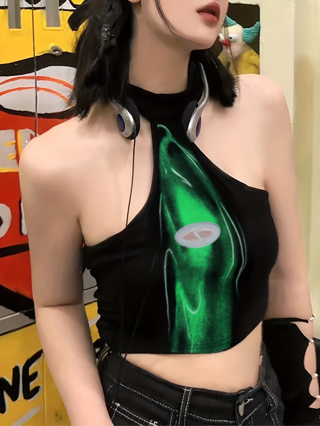 Y2K Halter Neck Graphic Print Top