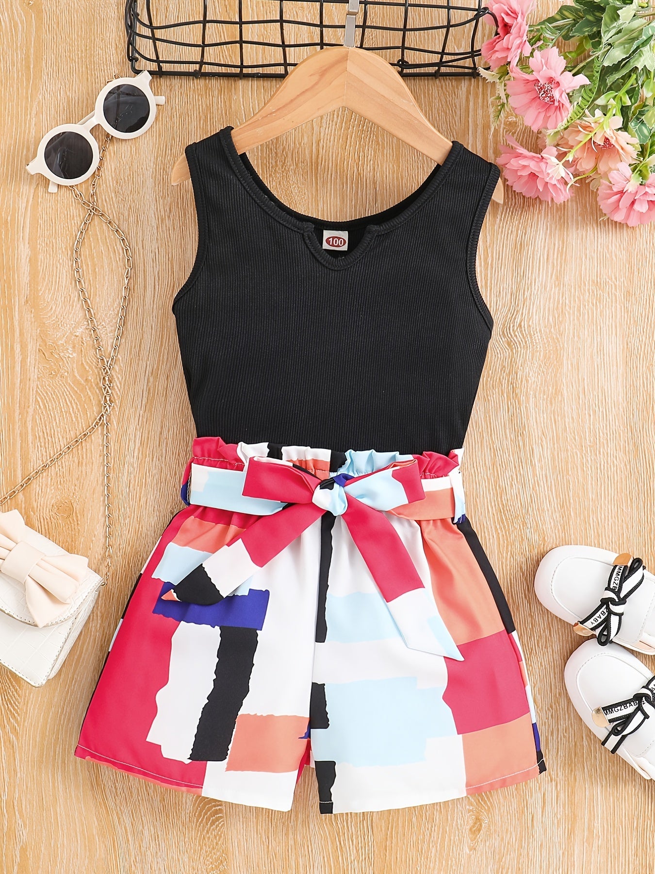 2pc Toddler Girls Ribbed Knit Tank Tops & Belted Shorts Set