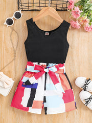 2pc Toddler Girls Ribbed Knit Tank Tops & Belted Shorts Set