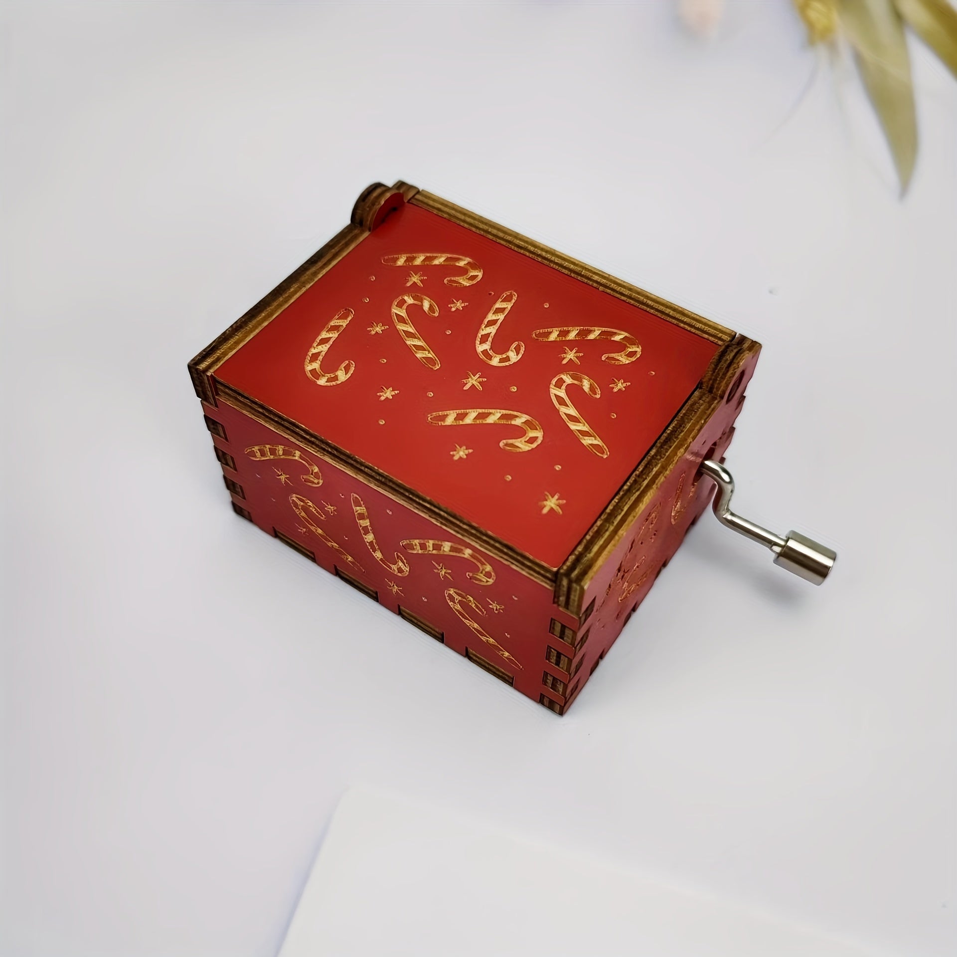 Christmas Music Box Hand Cranked Wooden Red Music Box
