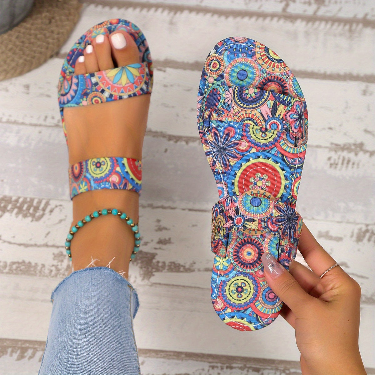 Floral Slide Sandals Double Strap Summer Flats Lightweight Beach Shoes