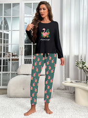Flamingo Print Pajama Set Long Sleeve Top & Pants