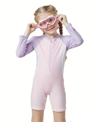 Comfy Stretchy Splicing Long Sleeve Half Zip Swimwear For Girls