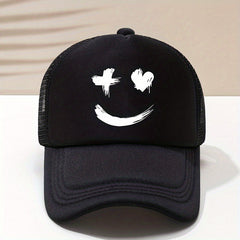 Smiling Face Print Trucker Hat Mesh Breathable Solid Casual Baseball Cap