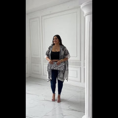 Geometric Print Pompom Trim Kimono Cover Up