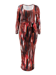 Long Sleeve Bodycon Dress with Belted Print