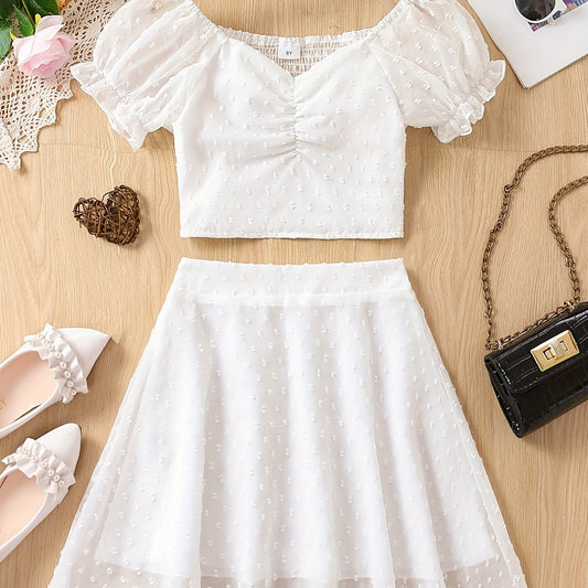 Girls Chiffon Puff Sleeve Cropped Top & Skirt Set for Summer Holiday Party