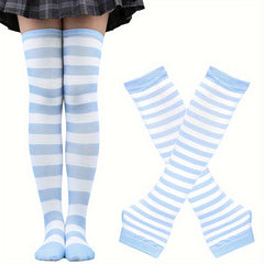 2pcs Teen's Striped Over Knee High Socks Set for Outdoor Activities