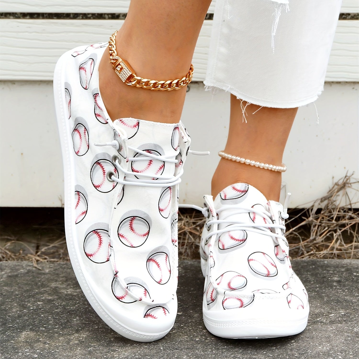 Baseball Print Canvas Shoes Women's Casual Lace Up Sneakers