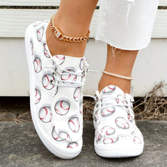 Baseball Print Canvas Shoes Women's Casual Lace Up Sneakers