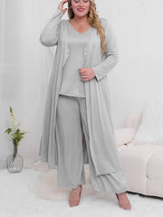 3 Piece Solid Long Sleeve Cardigan & V Neck Top & Wide Leg Pants Set