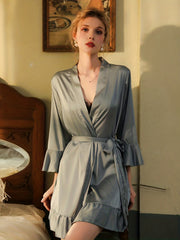 Women's Satin Ruffle Night Robe Long Sleeve V Neck Robe