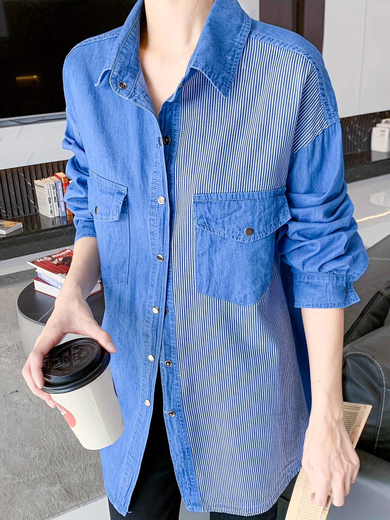 Colorblock Button Up Long Sleeve Denim Shirt