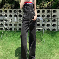 Loose Fit Denim Jumpsuit Adjustable Straps Non Stretch Overalls