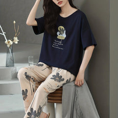 Floral Print Lounge Set Short Sleeve Top & Pants Women's Loungewear