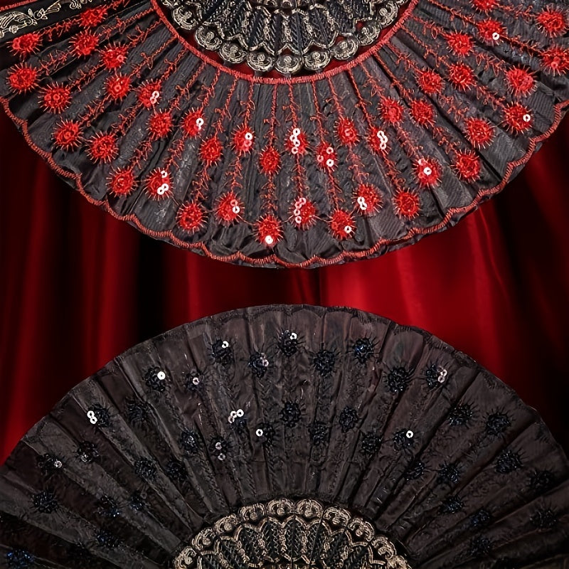 Sequin Fabric Folding Fan Embroidery Lace Fan Vintage Fan