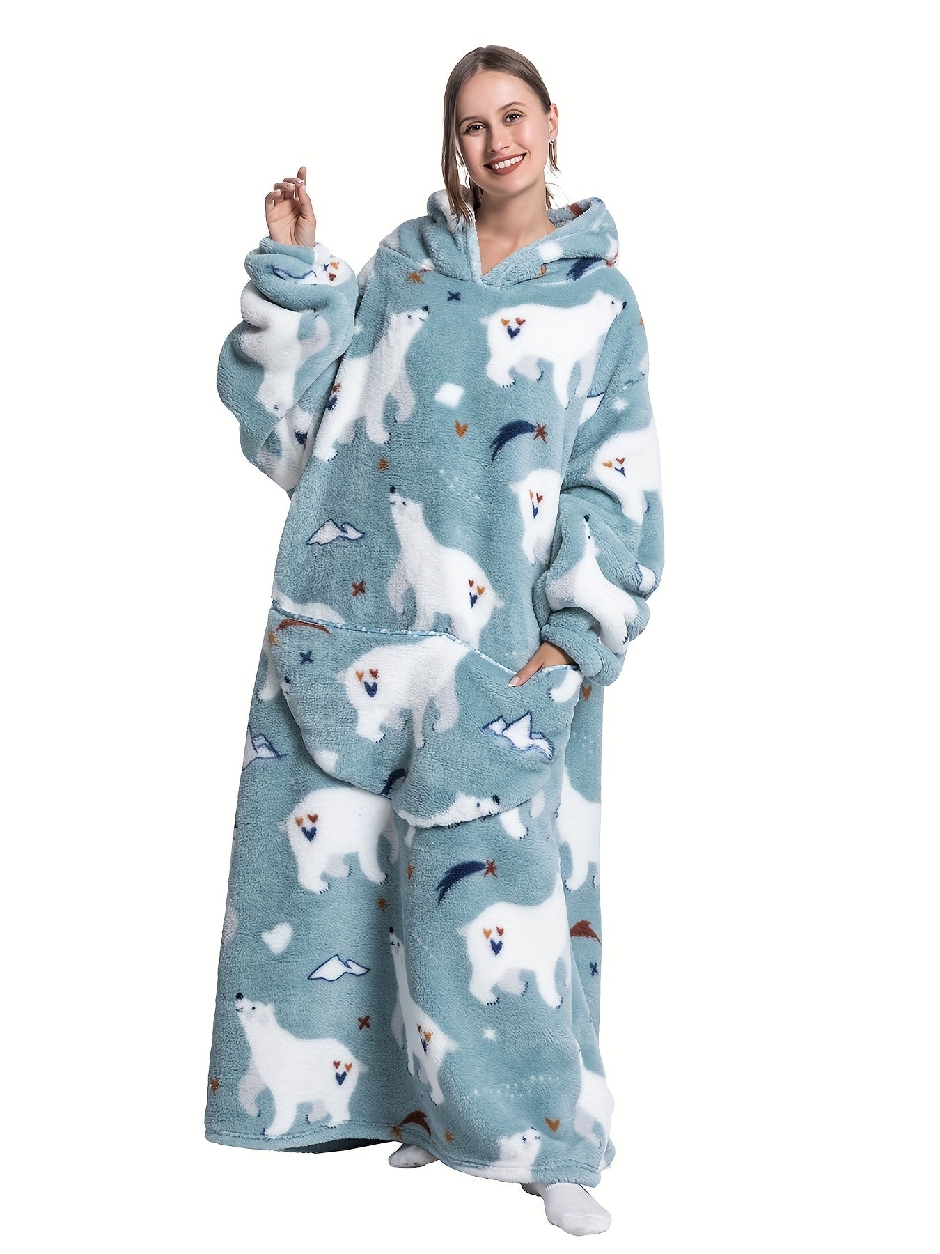 Nightgown Women's Sherpa Fleece Warm Wearable Blanket With Pockets
