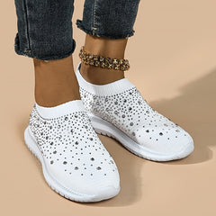 Women's Lightweight Knit Sneakers Low Top Faux Rhinestone Solid Casual Shoes