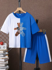 Boys Bear Print Casual Outfit Round Neck T shirt & Shorts Set