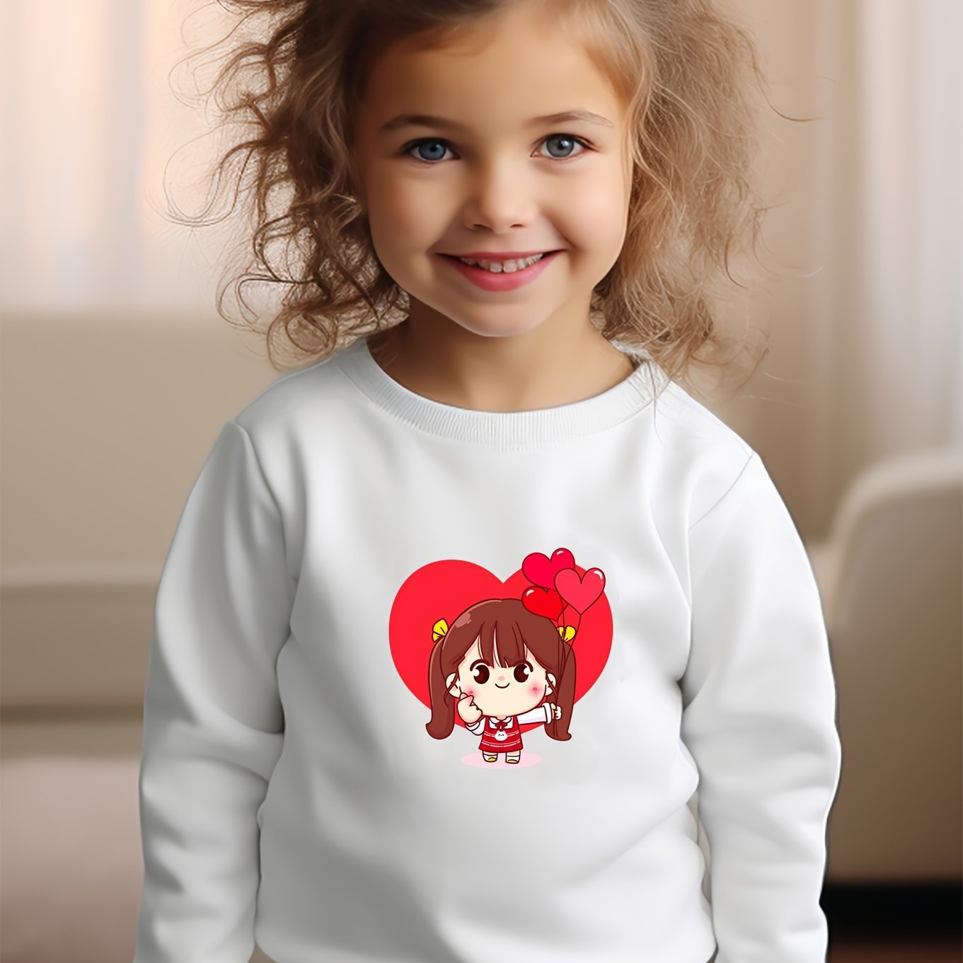 Girls Heart Pattern Crew Neck Sweatshirt for Spring Fall