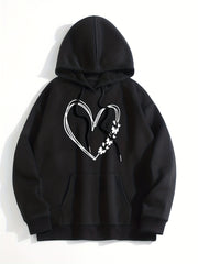 Heart Print Kangaroo Pocket Hoodie Long Sleeve Sweatshirt