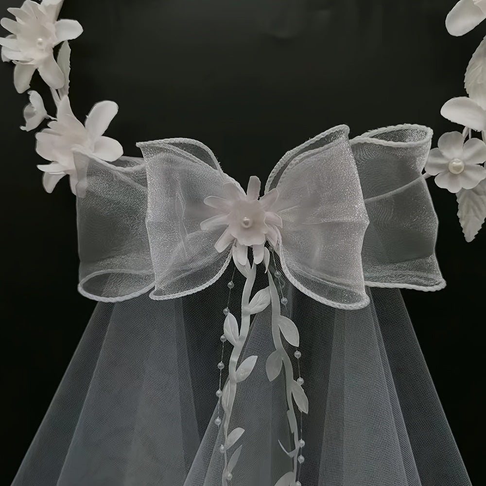 Bridal Veil Lace Bow Faux Pearl Accents for Weddings