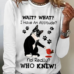 Cat & Letter Pattern Casual T Shirt Long Sleeves Round Neck Slight Stretchy