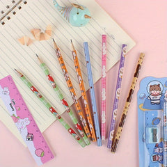 12pcs Cartoon Stationery Set for Office Use - Pencils, Eraser, Ruler, Sharpener