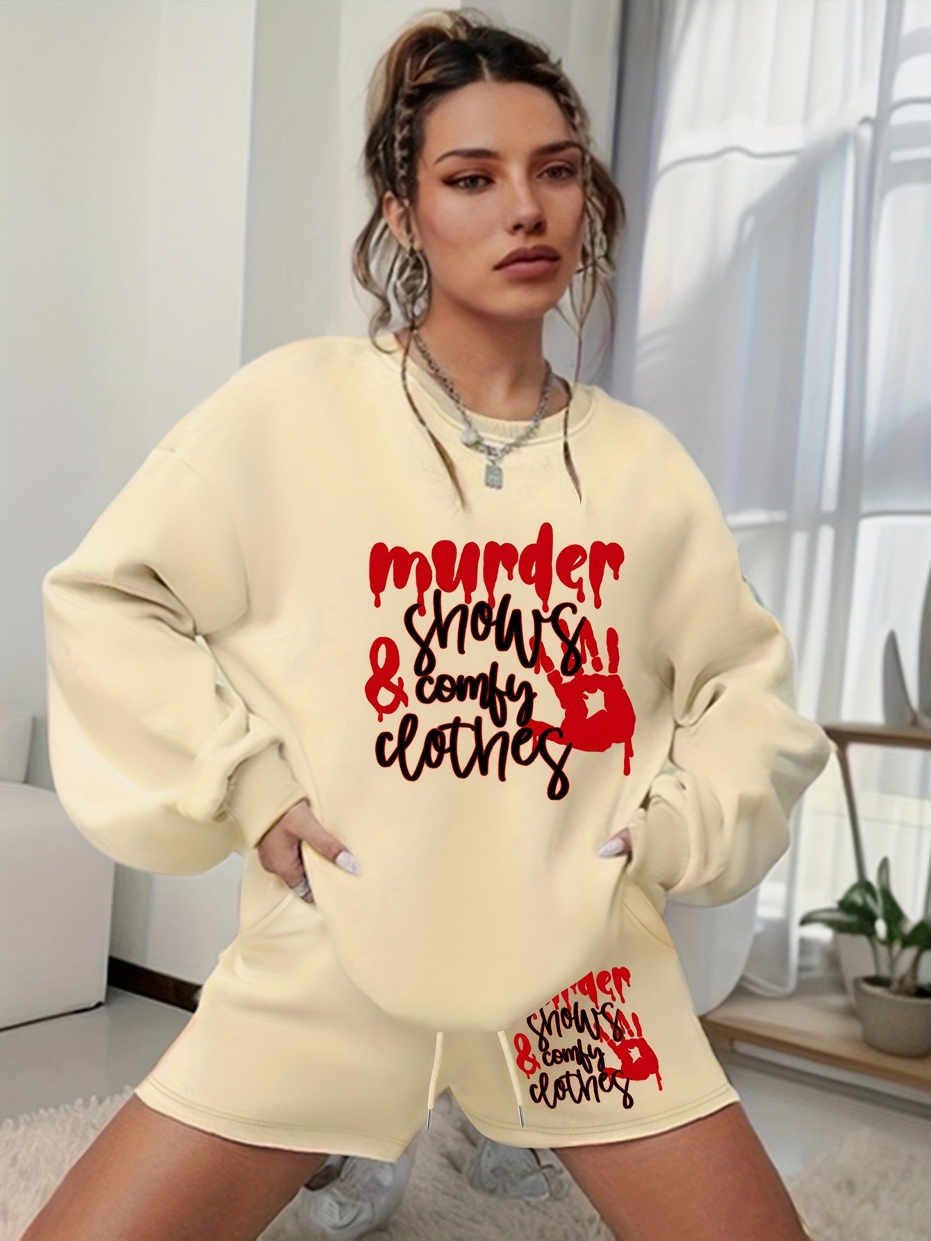 Women's Plus Size Hand & Letter Print Sweatshirt & Shorts Set